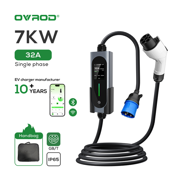 Ovrod Portable Ev Charger Gbt 7.4 kw Adjustable (6-32a) | 5m Level 2 Single Phase Fast Ac 32a Home 7kw Ev Charging Station