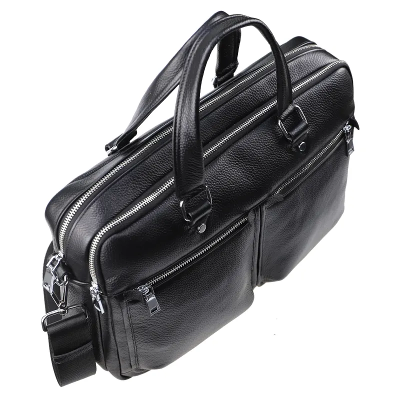 High Quality Black Full Grain Leather 17 Inches es Laptop Briefcase Bag Lichi Genuine Leather