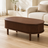 Table basse ovale moderne de style nordique à plateau relevable, en MDF rainuré, avec compartiment de rangement dissimulé pour salon