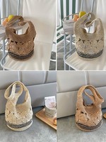Tas Tote Jerami Anyaman Warna-warni Vintage Motif Bunga Berongga untuk Liburan Pantai, Tahan Lama