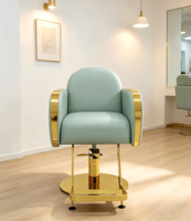 Fauteuil de barbier moderne de luxe vert menthe, fauteuil de coiffure en acier inoxydable doré pour salon