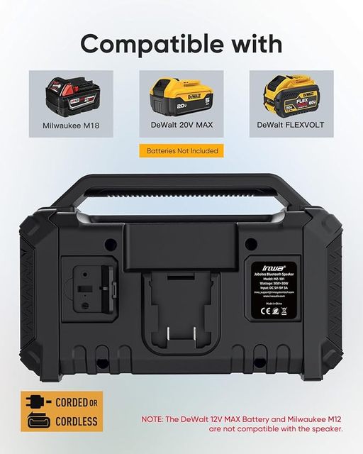 Inwa Portable Bluetooth Speakers Compatible With DeWalt 20V/FLEXVOLT & Milwaukee M18 Battery 60W Outdoor Jobsite Wireless