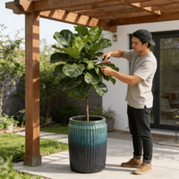 Pot de fleurs en céramique émaillée à rayures verticales dégradées turquoise-bleu, style américain, écologique, durable, avec trou de drainage, haut, pour la maison
