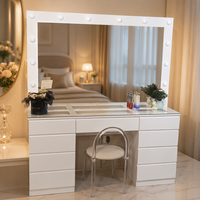 Table de maquillage moderne avec miroir, finition laquée, plateau en verre blanc, grande commode de rangement, meuble de chambre à coucher
