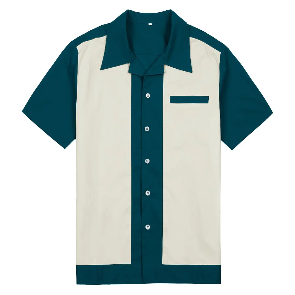 Men Casual Shirt ST111 Cotton Short Sleeve Grey Blue Green Vintage Rock Bowling Shirt 50s Male Clothing