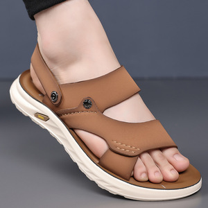 รองเท้าแตะผู้ชายแบบสายไขว้สีน้ำตาลปิดด้วยเวลโครพื้นรองเท้าหนารองเท้าลำลองฤดูร้อนสำหรับวัยรุ่นอายุ 18-40 ปี - Product Image 1