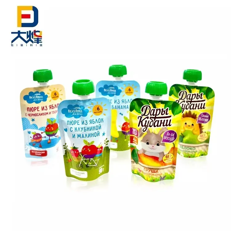 Filling Machine Use Liquid Packs custom logo baby Veggie Fruit Puree Juice Plastic Reusable Stand Up Spout Pouch With Nozzle