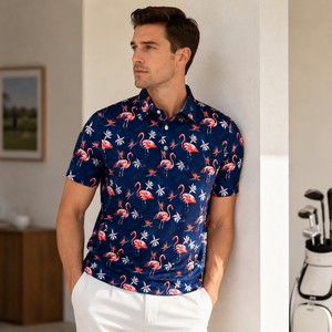 Polo de Manga Corta con Estampado de Flamencos Azul Marino para Hombre, Ropa de Golf Informal, Tejida, Transpirable y de Alto Rendimiento - Product Image 1