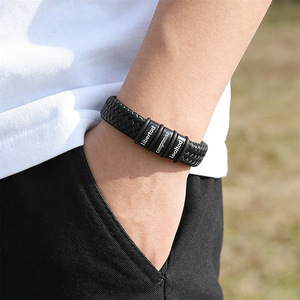 Men's <b>Leather</b> <b>Bracelet</b> Stainless Steel Magnetic Closure Black Woven Design Gift Jewelry 7.5in 8.5in 9in Fashion Cuff <b>Bracelet</b> - Product Image 2