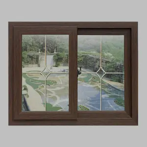 Wooden color frame plastic window design U-PVC sliding glass windows pvc window profile