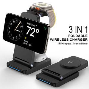 แท่นชาร์จไร้สายแบบพับได้ 3 in 1 15W ชาร์จเร็ว พร้อมแม่เหล็กสำหรับวางบนโต๊ะ สามารถชาร์จโทรศัพท์มือถือ นาฬิกา และหูฟังได้ - Product Image 2