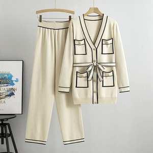 Top Cardigan con scollo a V con tasche in vita stretta e pantaloni larghi Casual in maglia colorata <span class=keywords><strong>2</strong></span> pezzi Sehe Fashion - Product Image 4