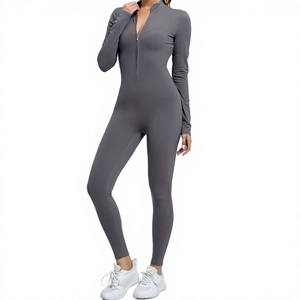 Combinaison longue grise pour femme à manches longues et taille haute avec fermeture éclair, coupe ajustée, en Spandex et Polyester, idéale pour le yoga - Product Image 4