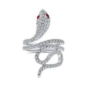 Fahion Spiral Wrap Serpent Snake Ring Red Eye Pave Cz Silver Plated Brass Ring For Party