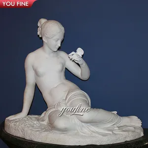 Tallado a mano de mármol blanco, escultura de mujer desnuda tumbada, estatua de mariposa