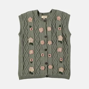 Engepapa Autumn Baby Handmade Flower Knitted Vest Fashion Girls' Cardigan Coat 100% Baby Clothes