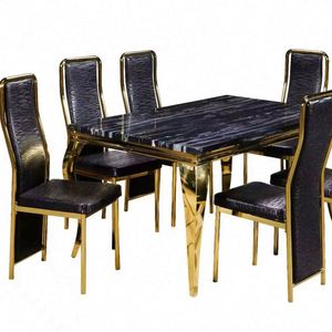 Ensemble table à manger <span class=keywords><strong>de</strong></span> luxe <span class=keywords><strong>blanc</strong></span> <span class=keywords><strong>noir</strong></span> 4 <span class=keywords><strong>6</strong></span> 8 places or acier inoxydable rond marbre dessus tables <span class=keywords><strong>et</strong></span> chaises <span class=keywords><strong>de</strong></span> salle à manger - Product Image 1