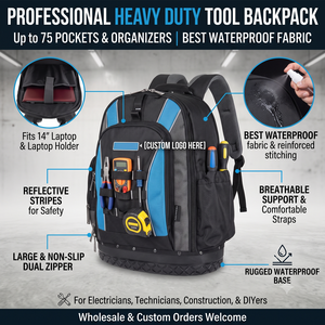Heavy Duty Tool <b>Backpack</b> Multi-Pocket Organizer for Electrician Technician Construction with Hard Base 1680D Polyester - Product Image 4