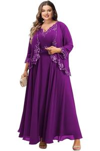 مقاس كبير فستان أم شيفون للزفاف من الشيفون بأكمام فتحة رقبة على شكل حرف V فساتين رسمية للنساء مزخرفة بالدانتيل فساتين حفلات للأم - Product Image 6