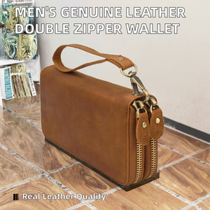 Cartera de Mano de Cuero Genuino para Hombre, con Bloqueo RFID, Diseño Geométrico, Forro de Algodón de Lujo Vintage, Doble Cremallera, Larga - Product Image 2