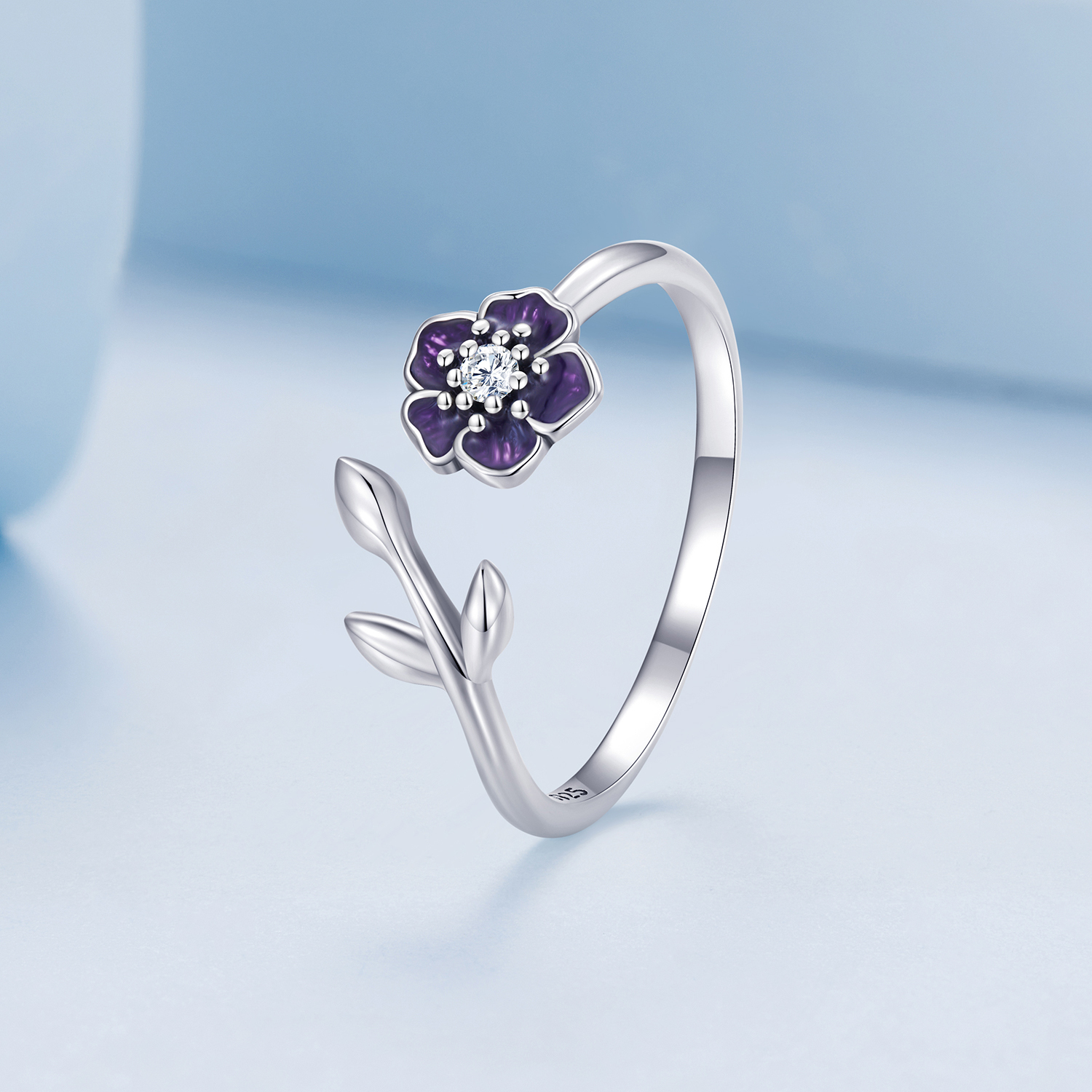 925 Sterling Silver Enamel Purple Flower Ring - BSR394