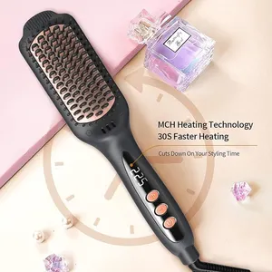 SMET Custom Private Label Ceramic Negative Ion Dual Voltage Hair Straightener Brush Comb Flat Iron Heated Straightening Brush