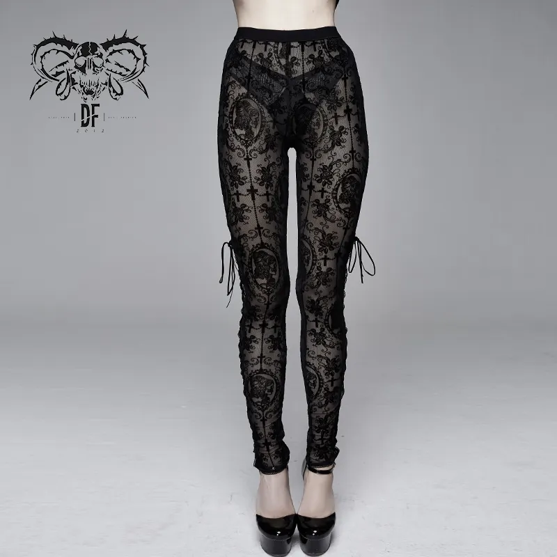 PT10701 Devil fashion darkness gothic Queen flocking printing sexy women black flowers mesh leggings lace up pants
