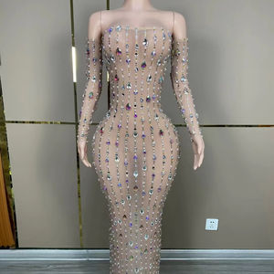 1970 की लक्जरी लंबी आस्तीन क्रिस्टल बॉल गाउन प्रोम लंबी पोशाक महिलाओं सेक्सी डायमंड डिनर पार्टी शाम कपड़े - Product Image 1