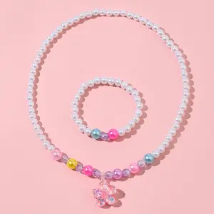 High Quality Kids Girls Bowknot Chunky Necklace Set Colorful Bubblegum Beaded Necklace Bracelets Jewelry Set For Child Baby