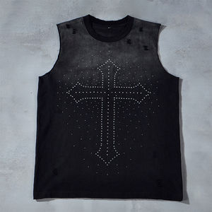 TKAN 142 haute qualité Design Vintage lavage strass gilet chemises impression graphique coton unisexe col rond T-shirt pour hommes - Product Image 1