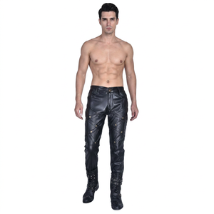 Pantalon droit en cuir noir taille haute pour homme avec détails rivets, fermeture boutonnée, style motard, idéal pour l'hiver - Product Image 1