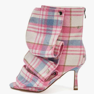 Summer Square Open Toe High-Heeled Short Boots Denim Colorful Plaid Ankle <strong>Booty</strong> Women Pleated Upper Sandals <strong>Shoes</strong> - Product Image 2