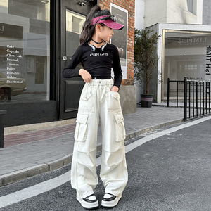 Pantalons <span class=keywords><strong>cargo</strong></span> pour filles, grandes filles, printemps automne 2025, nouveau style coréen décontracté, jambe large droite, coton, taille élastique - Product Image 4