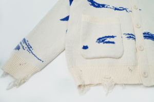 <span class=keywords><strong>Cardigan</strong></span> lavorato a maglia con colletto alla moda da <span class=keywords><strong>uomo</strong></span> con stampa astratta <span class=keywords><strong>blu</strong></span> e bianca e orlo invecchiato - Product Image 5