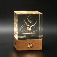 Lampe de table LED avec base en bois alimentée par USB, cube en cristal K9 gravé au laser 3D, motif lune, décoration d'intérieur