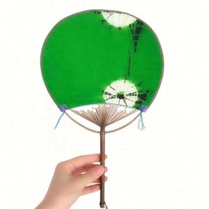 2023 Chinese Style Embroidery Round Hand Fan with Bamboo Handle Blue <b>Tie</b>-Dye Fabric Classical Folk Art Design - Product Image 4