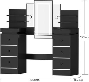 Miroir de coiffeuse moderne avec éclairage LED Wenfeng OEM/ODM avec <span class=keywords><strong>8</strong></span> <span class=keywords><strong>tiroirs</strong></span>, 6 étagères, 3 modes d'éclairage, coiffeuse de salle de bain réglable - Product Image 6