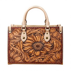 Sac fourre-tout d'été pour femme en cuir véritable brodé tournesol, style bohème, écologique, avec fermeture éclair, décontracté, pour voyage, à porter à l'épaule - Product Image 1