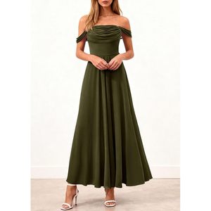 FOXA Robe longue en mousseline de soie pour femme, épaules dénudées, ligne A, élégante, pour cocktail, mariage, invitées - Product Image 4