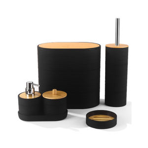 Ensemble de salle de bain 6 pièces en ABS avec poignée et couvercle en bois : poubelle, distributeur de <span class=keywords><strong>savon</strong></span>, <span class=keywords><strong>porte</strong></span>-bâtonnets de coton, <span class=keywords><strong>porte</strong></span>-<span class=keywords><strong>savon</strong></span>, brosse de toilette - Product Image 1