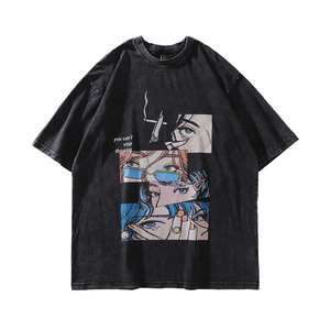 เสื้อยืดผ้าฝ้ายสีดำขนาดใหญ่พิเศษพร้อมลายพิมพ์ลายอนิเมะสไตล์สตรีทแขนสั้นคอกลมสำหรับผู้ชาย - Product Image 1