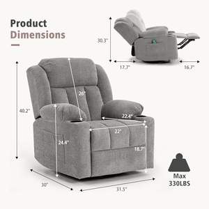 เก้าอี้โยกปรับเอนนอนแบบหมุนได้ สีเทาอมเขียวมะนาว นุ่มสบาย สำหรับผู้ใหญ่ ขนาดใหญ่พิเศษ แบบปรับเอนด้วยมือ พร้อมฟังก์ชั่นนวดและให้ความร้อน - Product Image 3