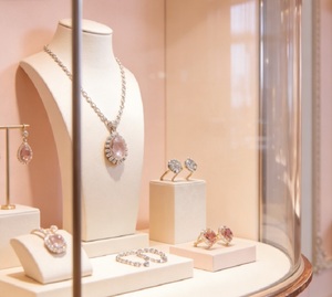 Vitrine murale élégante pour bijoux, en acrylique, avec dôme en verre, éclairage LED, cadre rose or, pour salle d'exposition - Product Image 4