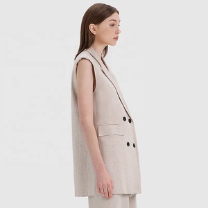 Gilet da donna lungo sartoriale doppiopetto con tasche gilet Beige elegante giacca senza maniche in lino - Product Image 6