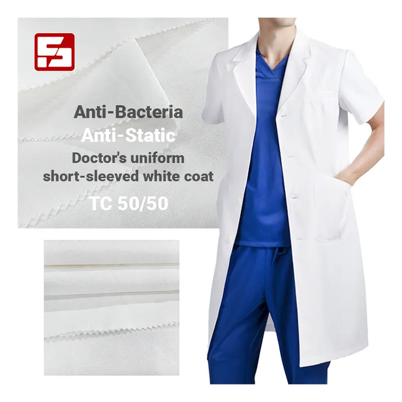 Tela de algodón y poliéster 50/50 CVC, uniforme médico de sarga Blanca, para abrigo blanco de manga corta