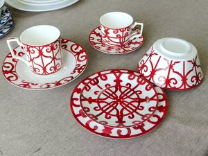 Service à thé et café en porcelaine fine à motif géométrique vintage, théière, tasses et soucoupes en céramique rétro européenne, cadeau - Product Image 3
