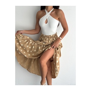 Jupe longue en lin à pois pour femme, taille élastique, coupe ample, longueur 100 cm - Product Image 3
