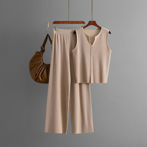 Conjunto de Dos Piezas Casual de Verano para Mujer, <span class=keywords><strong>Top</strong></span> de Punto sin Mangas, Pantalones Anchos, Diseño Sólido, Conjunto de Suéter a la Moda - Product Image 3