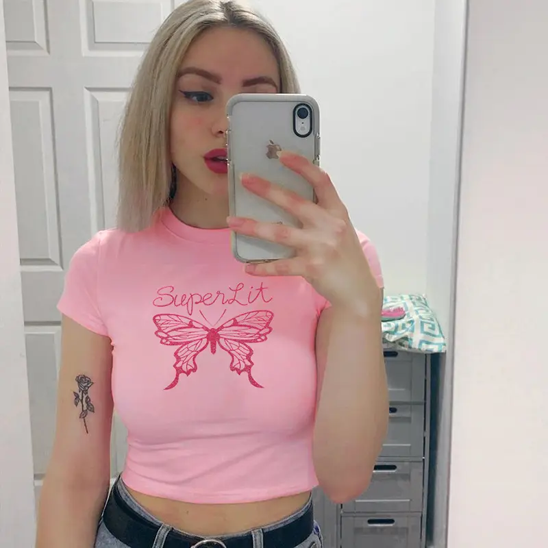 Kaus wanita lengan pendek blus pendek atasan crop kaus Print seksi kasual Crew Neck 2022 musim panas gambar merah muda