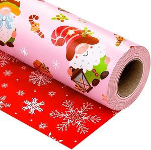 Papel de regalo navideño de doble cara con diseño de Papá Noel, gnomos y copos de nieve en colores rosa y rojo, en papel estampado. - Product Image 6